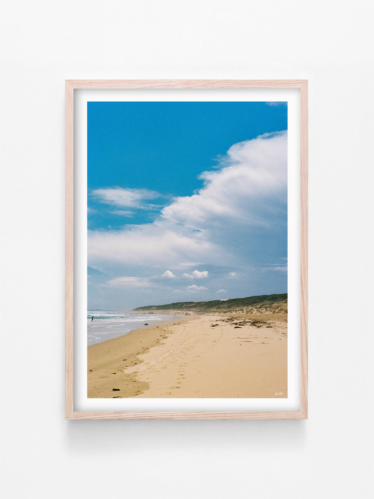 Thirteenth Surf Beach Before Summer Storm print in a natural oak shadowbox frame