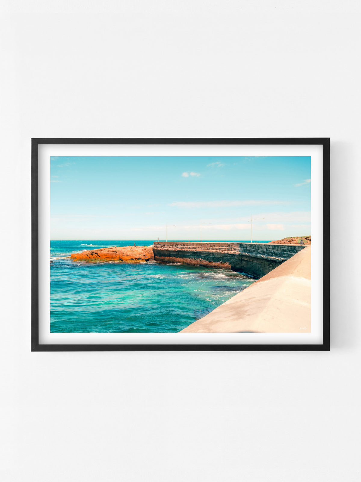 Warrnambool Pier Morning Walk print in a black shadowbox frame