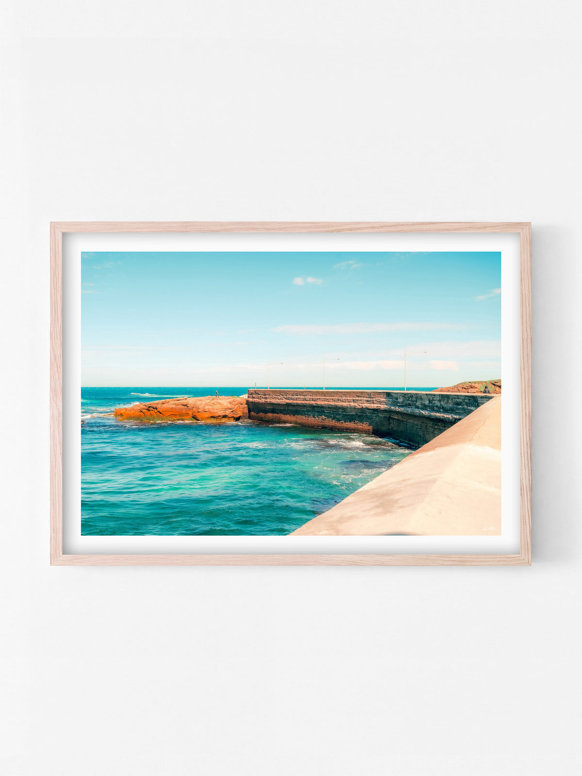 Warrnambool Pier Morning Walk print in a natural oak shadowbox frame