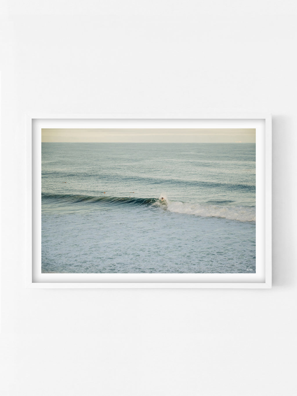 Winkipop Surfer at Sunset print in a white shadowbox frame, Surf Coast