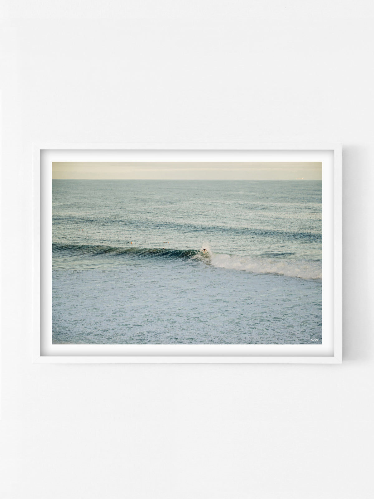 Winkipop Surfer at Sunset print in a white shadowbox frame, Surf Coast