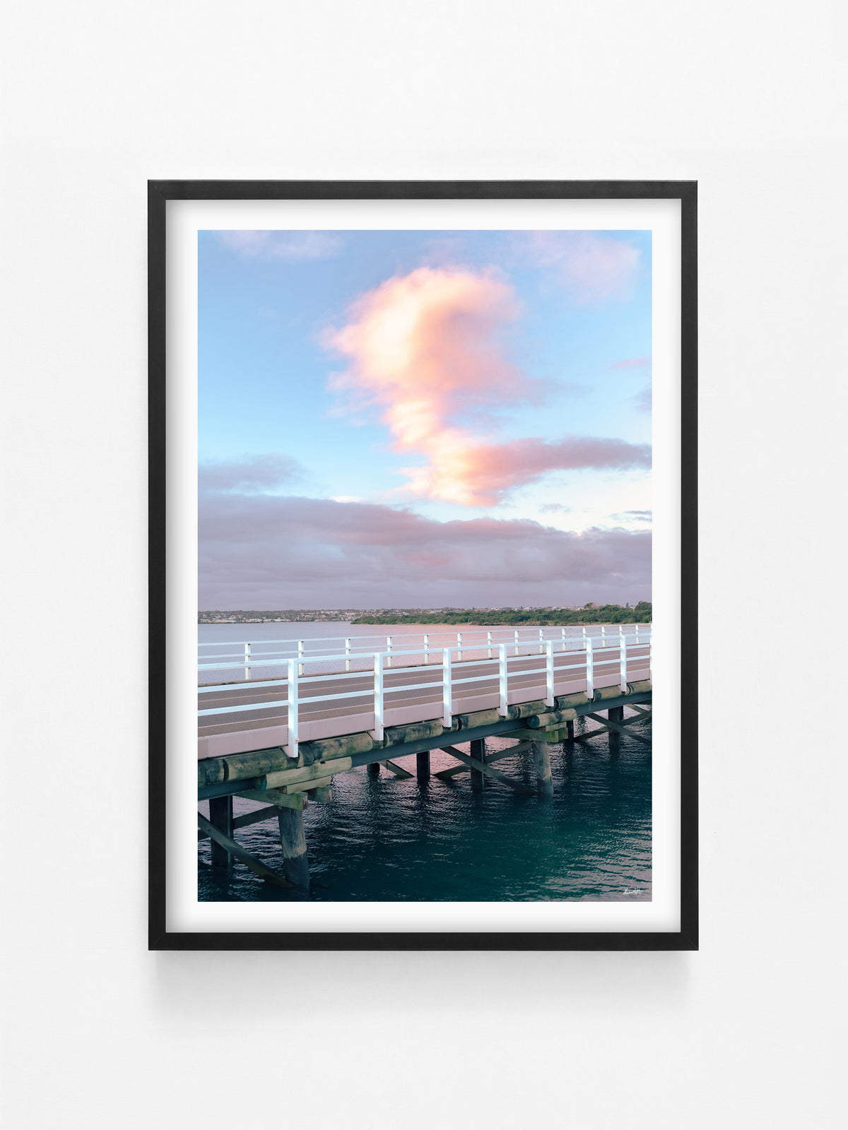 Winter Solstice at Barwon Heads Bridge print in a black shadowbox frame