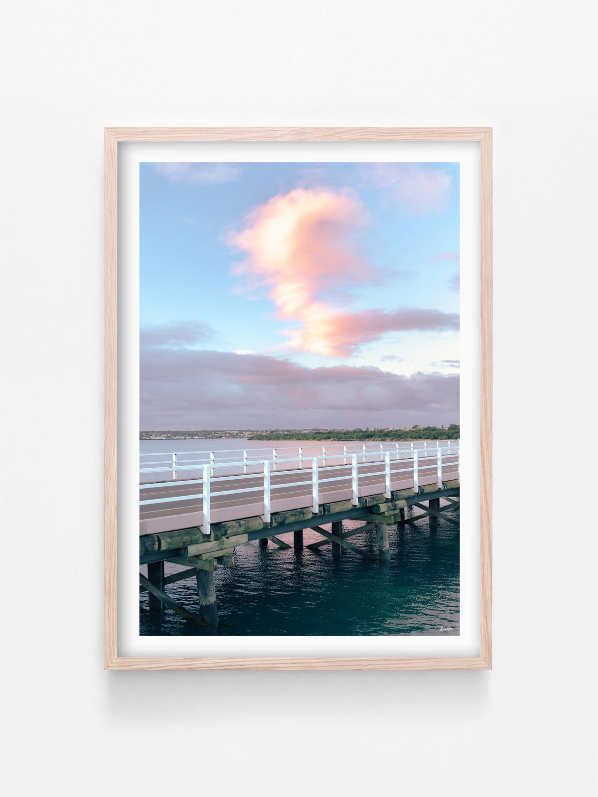 Winter Solstice at Barwon Heads Bridge print in a natural oak shadowbox frame