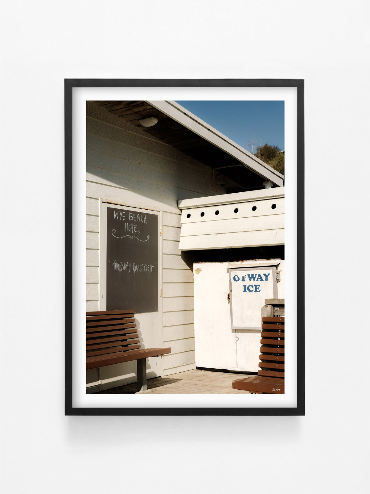 Wye Beach Hotel Sign and Ice Chest print in a black shadowbox frame