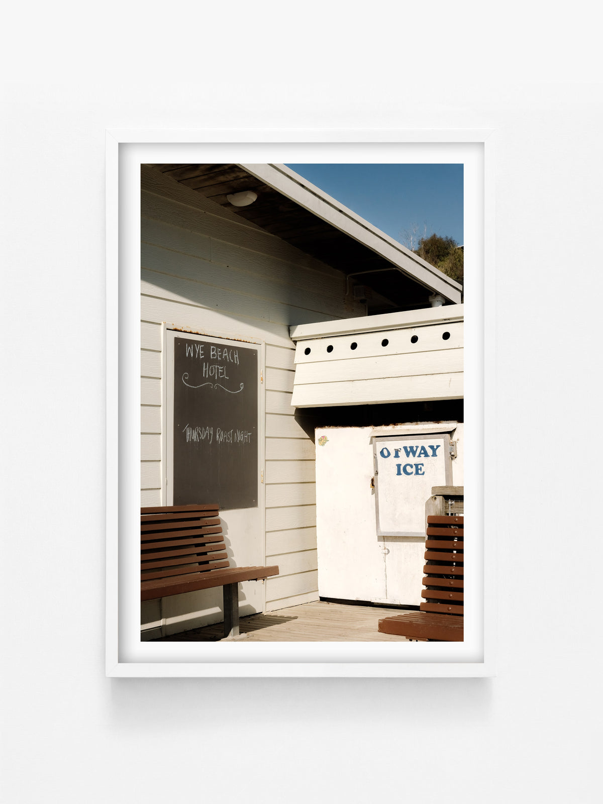 Wye Beach Hotel Sign and Ice Chest print in a white shadowbox frame, Great Ocean Road